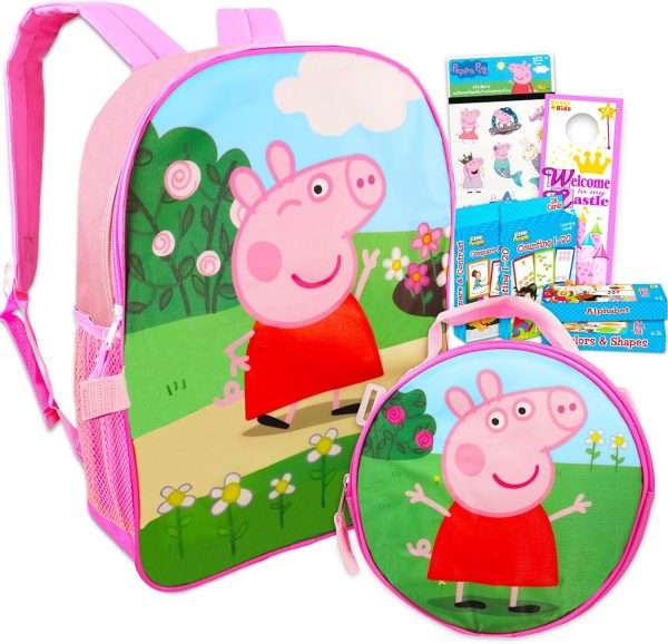 Nicktoons Peppa Pig Backpack and Lunch Box for Kids - 6 Pc Bundle with 16 Peppa Pig School Backpack Bag, Lunch Bag, Flashcards, Stickers, and More - 1