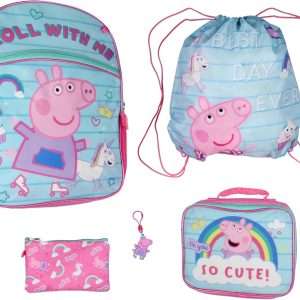 Peppa Pig Backpack Kids School Travel Backpack Set With Lunch Box, Drawstring Bag, Pencil Case, and Rubber Molded Keychain - 1