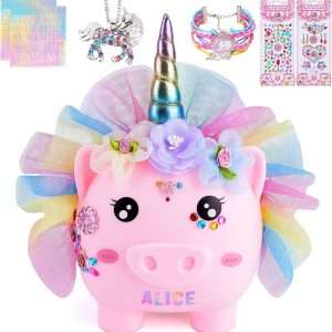 Piggy Bank for Girls Large Unicorn Piggy Banks with Necklace Bracelet DIY Stickers Cute Coin Piggybank Unbreakable for Toddler Kids Christmas Birthday Gifts, Rainbow Dress - 1