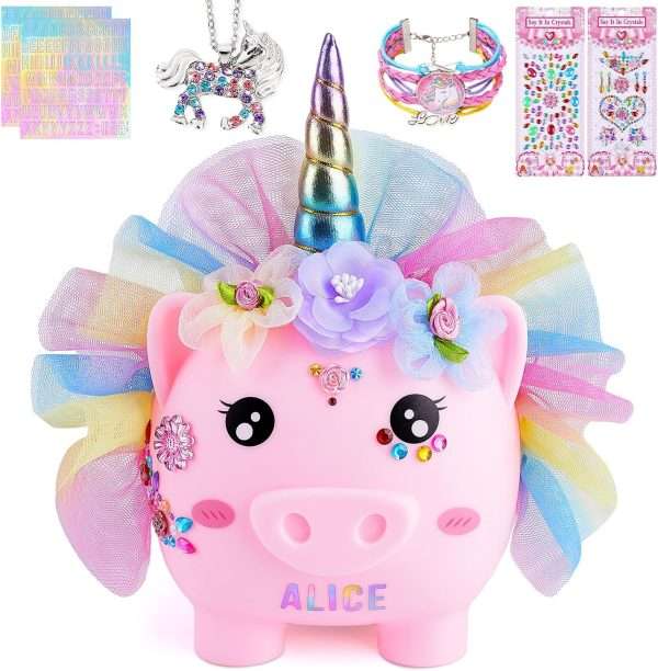 Piggy Bank for Girls Large Unicorn Piggy Banks with Necklace Bracelet DIY Stickers Cute Coin Piggybank Unbreakable for Toddler Kids Christmas Birthday Gifts, Rainbow Dress - 1