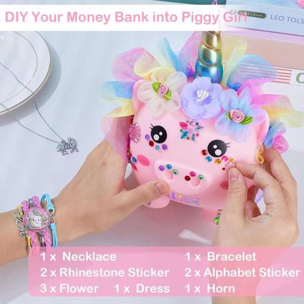 Piggy Bank for Girls Large Unicorn Piggy Banks with Necklace Bracelet DIY Stickers Cute Coin Piggybank Unbreakable for Toddler Kids Christmas Birthday Gifts, Rainbow Dress - 2