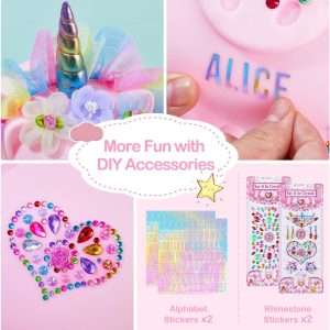 Piggy Bank for Girls Large Unicorn Piggy Banks with Necklace Bracelet DIY Stickers Cute Coin Piggybank Unbreakable for Toddler Kids Christmas Birthday Gifts, Rainbow Dress - 5
