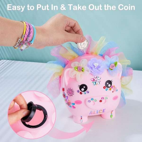 Piggy Bank for Girls Large Unicorn Piggy Banks with Necklace Bracelet DIY Stickers Cute Coin Piggybank Unbreakable for Toddler Kids Christmas Birthday Gifts, Rainbow Dress - 6