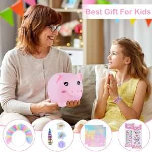 Piggy Bank for Girls Large Unicorn Piggy Banks with Necklace Bracelet DIY Stickers Cute Coin Piggybank Unbreakable for Toddler Kids Christmas Birthday Gifts, Rainbow Dress - 7