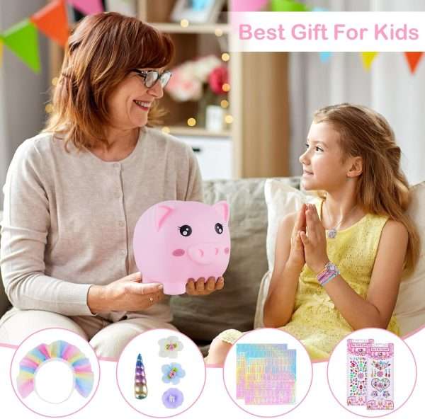 Piggy Bank for Girls Large Unicorn Piggy Banks with Necklace Bracelet DIY Stickers Cute Coin Piggybank Unbreakable for Toddler Kids Christmas Birthday Gifts, Rainbow Dress - 7