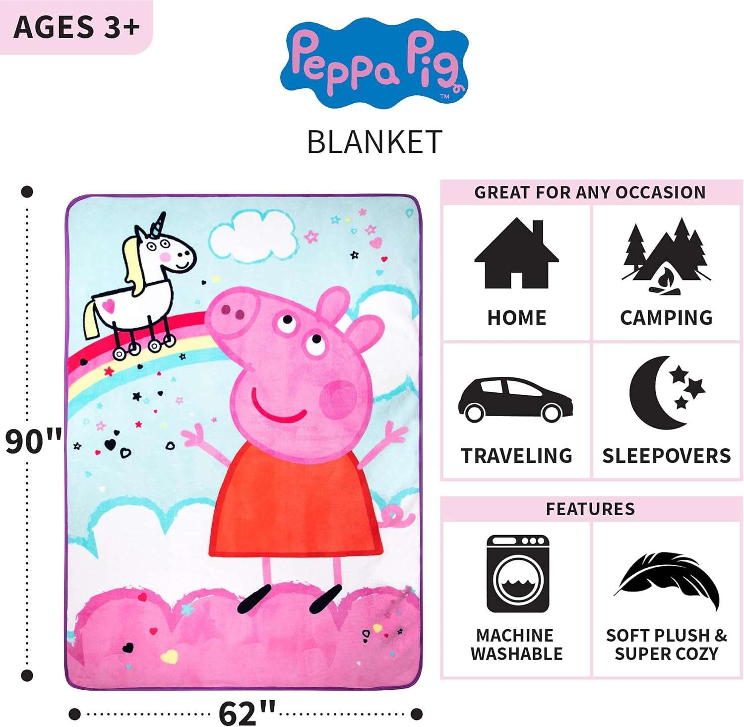 Franco Kids Bedding Super Soft Plush Micro Raschel Blanket, 62 in x 90 in, Peppa Pig - 3