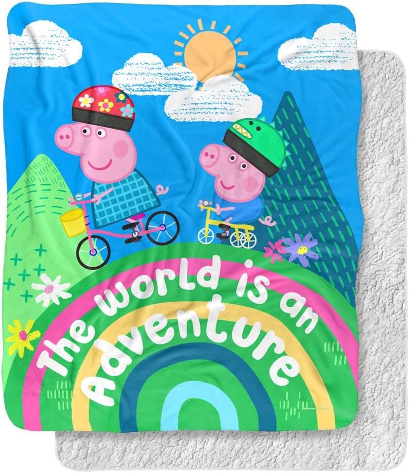 Peppa Pig Blanket, 50x60 World is an Adventure Peppa and George Silky Touch Sherpa Back Super Soft Throw Blanket - 1