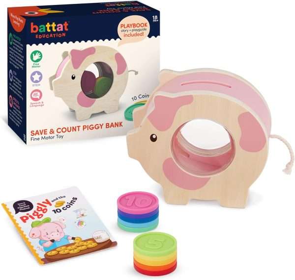 Battat Education – Wooden Piggy Bank for Kids – Educational Pig Toy – Developmental Playset – Fine Motor Skills – 18 Months + – Save & Count Piggy Bank - 1