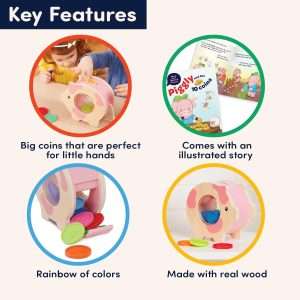Battat Education – Wooden Piggy Bank for Kids – Educational Pig Toy – Developmental Playset – Fine Motor Skills – 18 Months + – Save & Count Piggy Bank - 3
