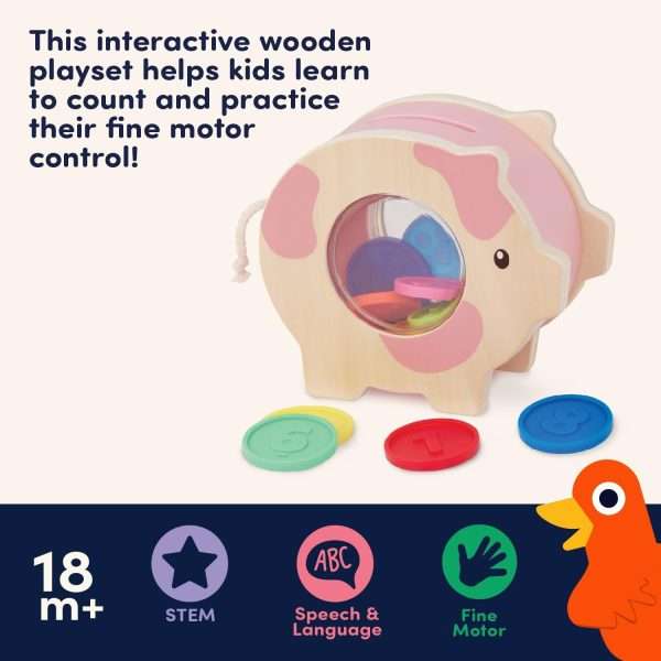 Battat Education – Wooden Piggy Bank for Kids – Educational Pig Toy – Developmental Playset – Fine Motor Skills – 18 Months + – Save & Count Piggy Bank - 6