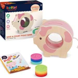 Battat Education – Wooden Piggy Bank for Kids – Educational Pig Toy – Developmental Playset – Fine Motor Skills – 18 Months + – Save & Count Piggy Bank - 1