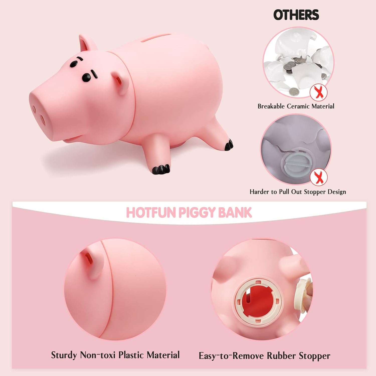 Piggy Bank, Cute Plastic Coin Bank for Boys and Girls, Unbreakable Pig Money Bank for Kids Gift (Pink) - 3