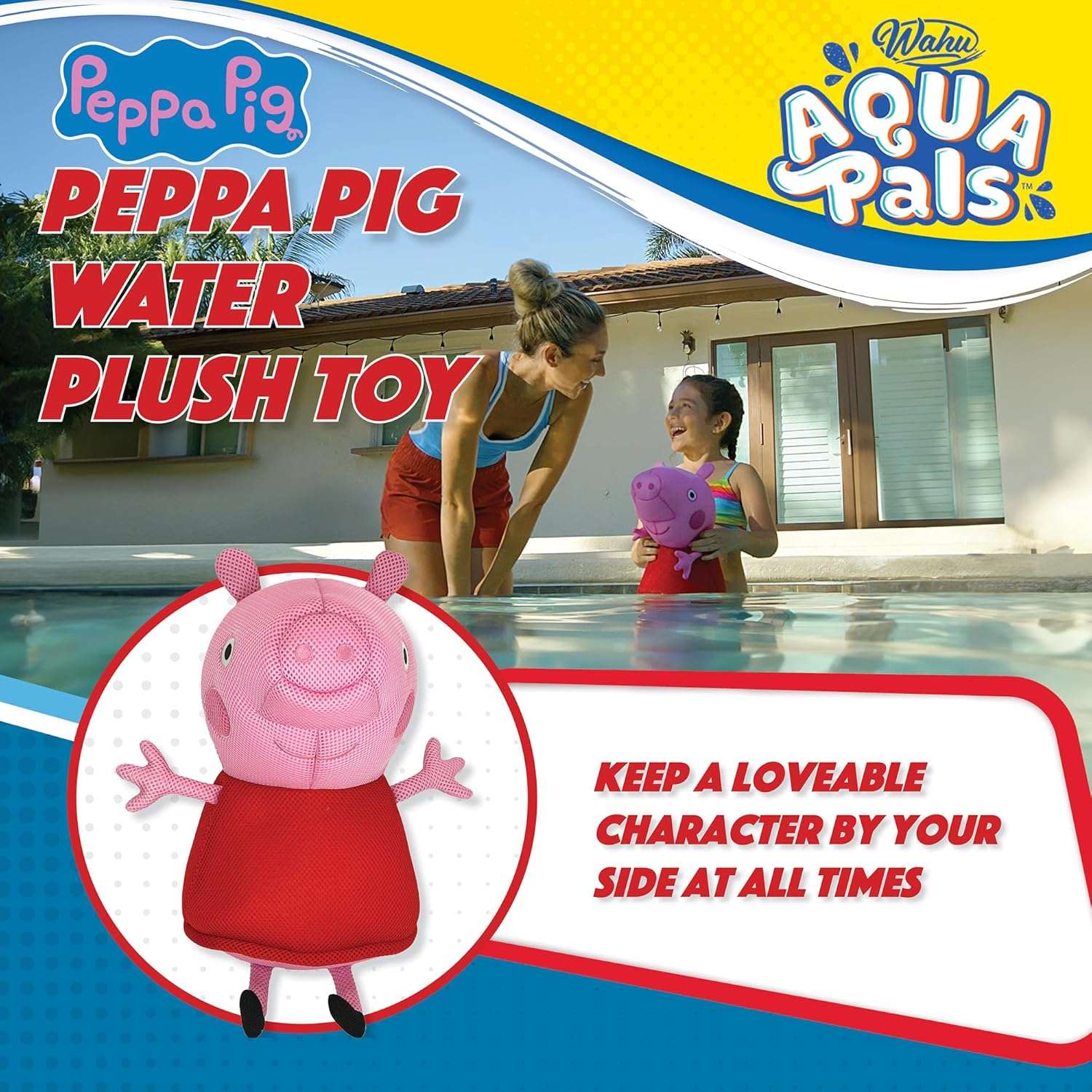 Wahu Aqua Pals Peppa Pig Plush Water Toy for Kids Ages 2+, Fast-Drying Waterproof Plush Doll Toy for Pool and Bathtub, Pink-Red, 16, Medium - 4
