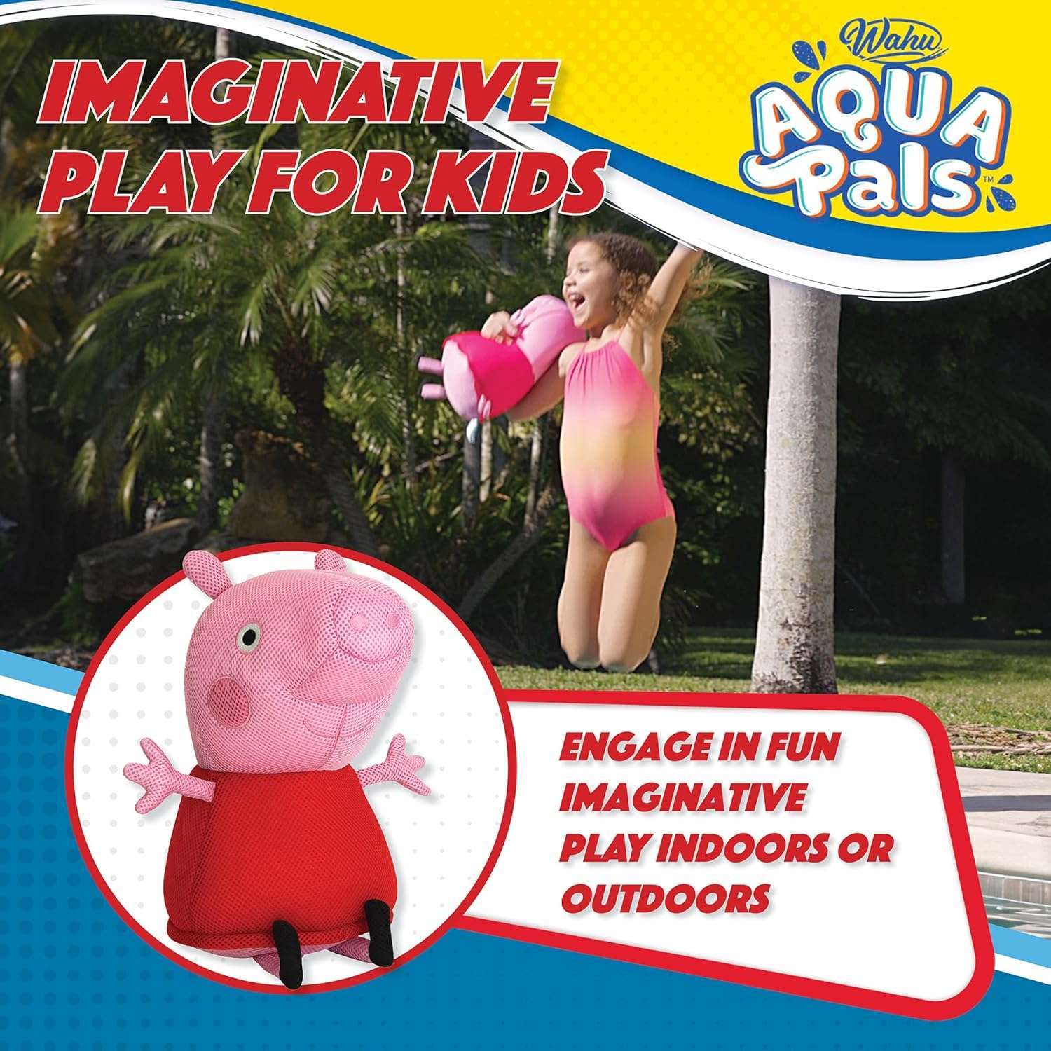 Wahu Aqua Pals Peppa Pig Plush Water Toy for Kids Ages 2+, Fast-Drying Waterproof Plush Doll Toy for Pool and Bathtub, Pink-Red, 16, Medium - 7