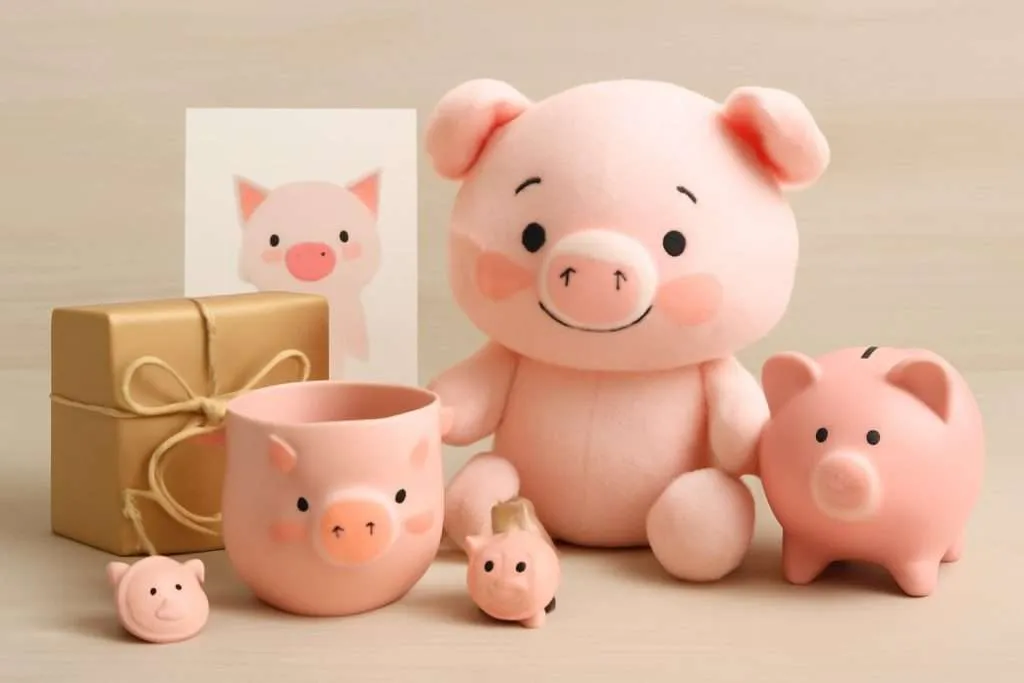 Assorted pig-themed gifts including plush toys, mugs, and décor