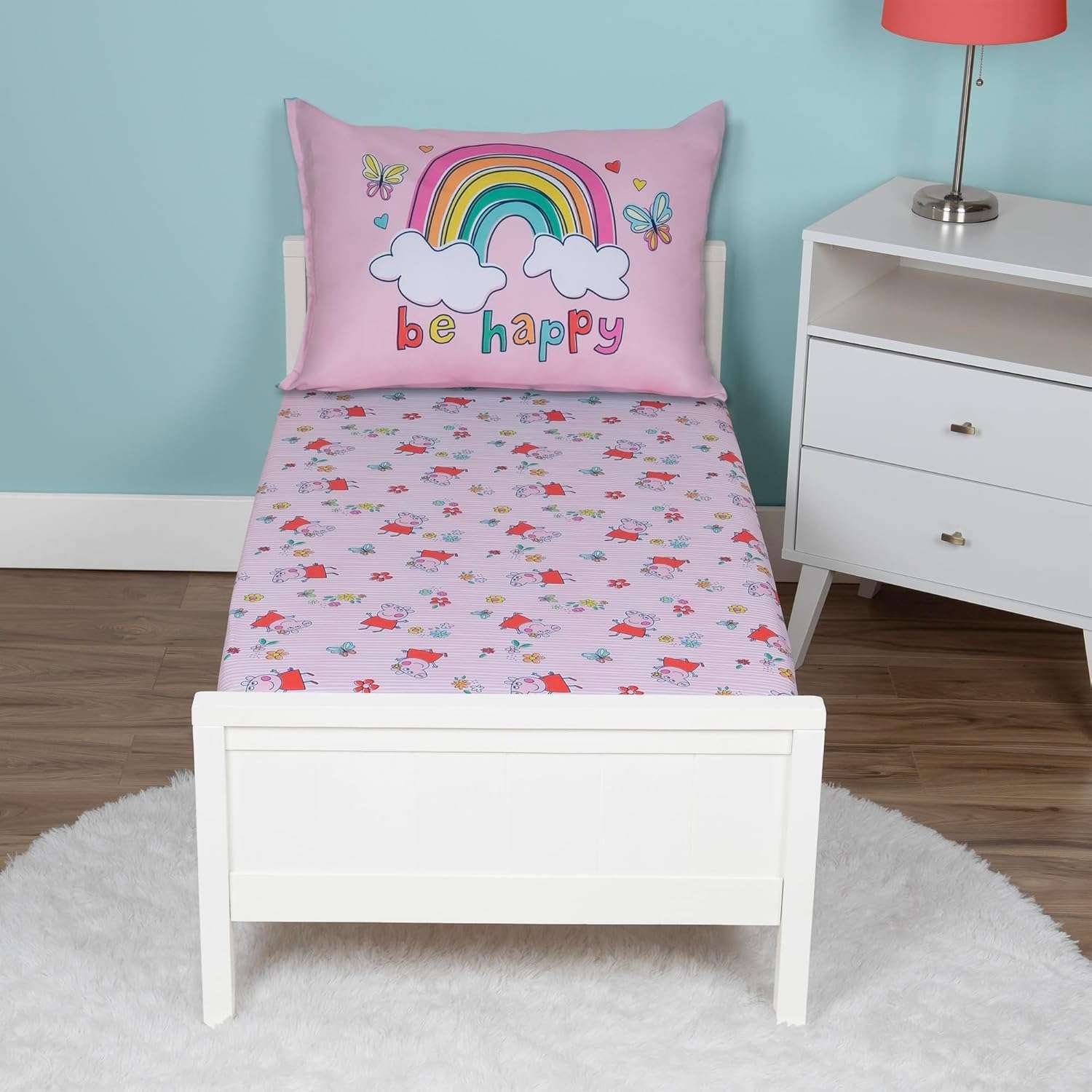 NoJo Peppa Pig 2 Piece Toddler Sheet Set Fitted Bottom Sheet and Reversible Pillowcase, Pink and White - 6