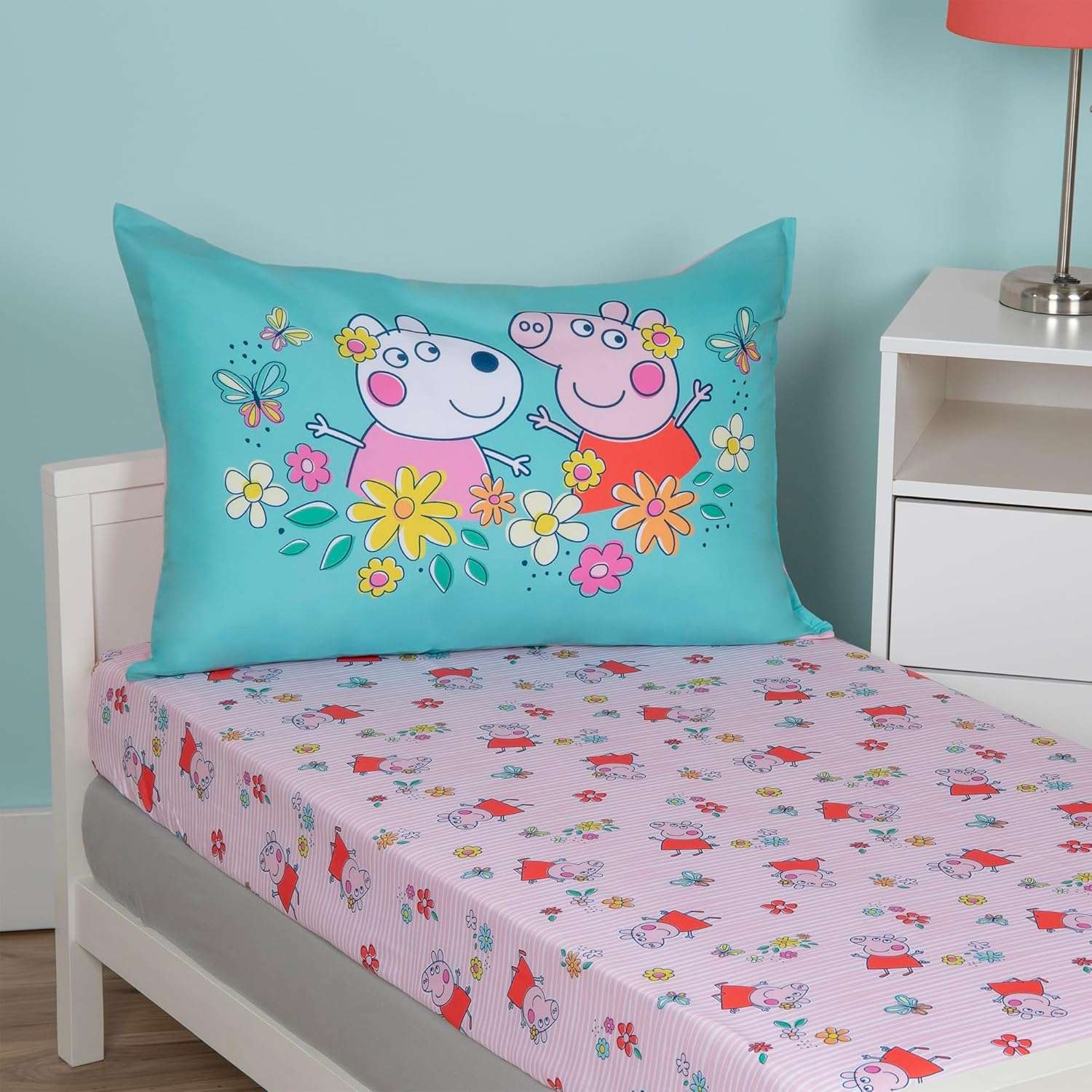 NoJo Peppa Pig 2 Piece Toddler Sheet Set Fitted Bottom Sheet and Reversible Pillowcase, Pink and White - 6