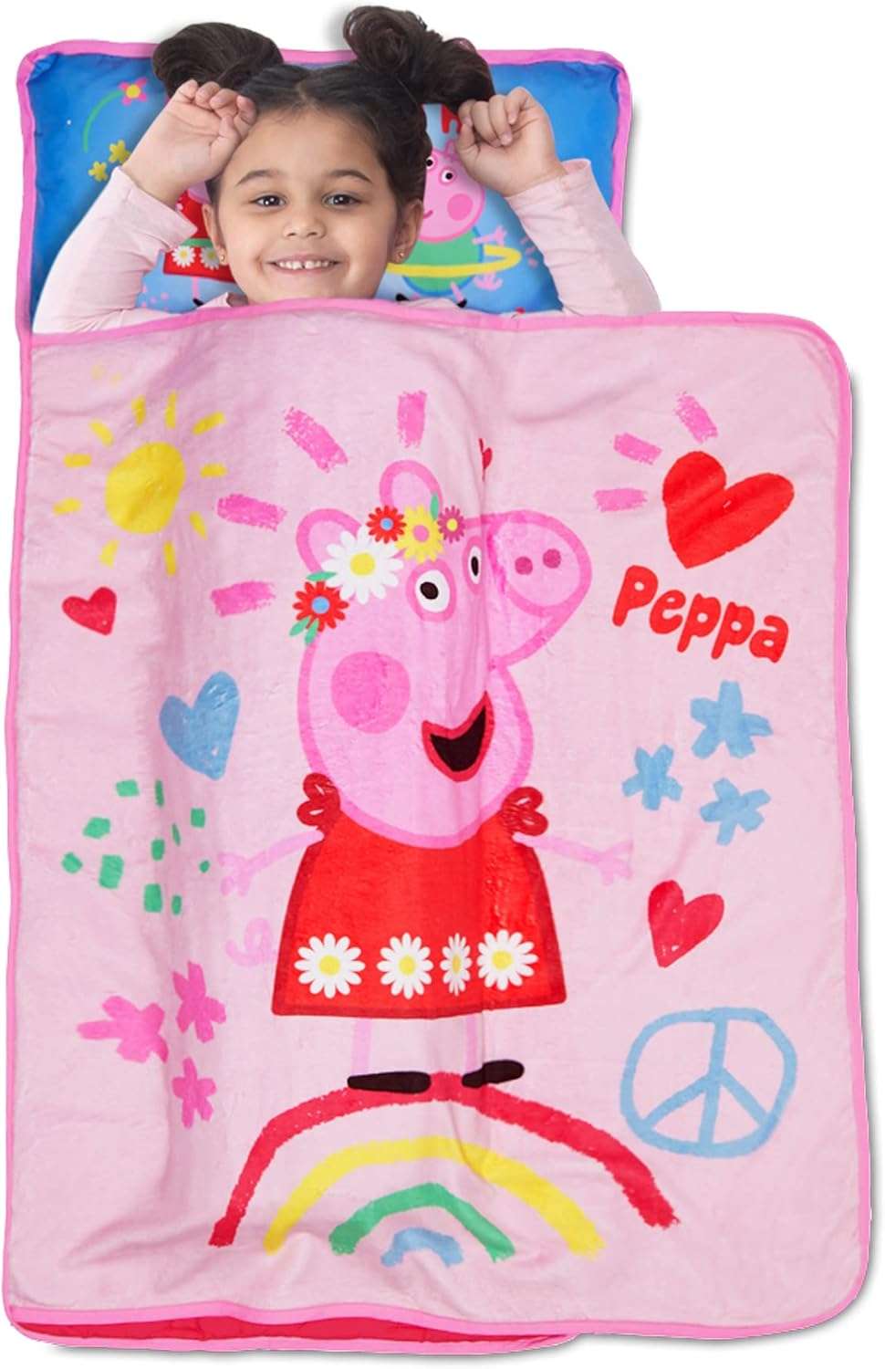 NoJo Peppa Pig I'm so Happy Toddler Nap Mat - Includes Attached Pillow and Fleece Blanket - 1