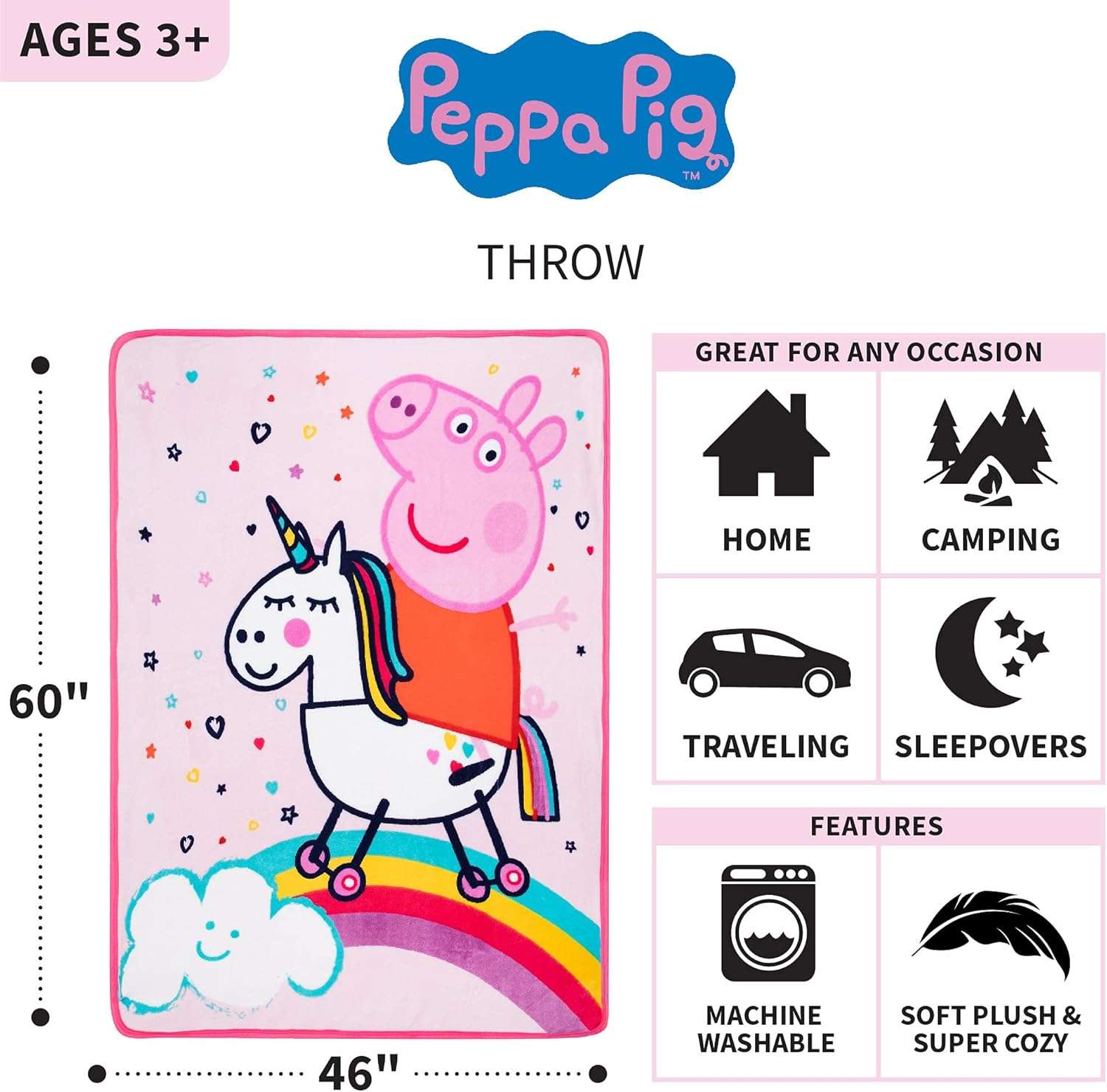Peppa Pig Kids Bedding Super Soft Micro Raschel Throw, 46 in x 60 in, By Franco, Prints May Vary - 3