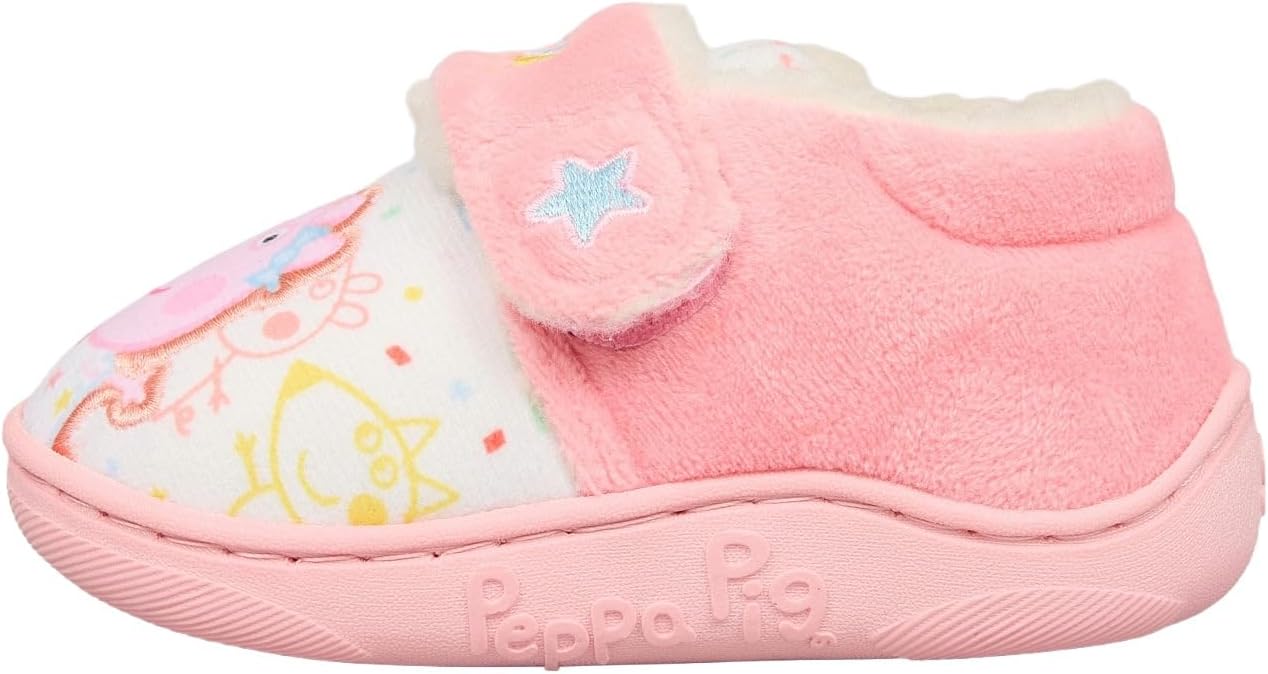 Peppa Pig Girls Slippers - Pink Plush Warm Indoor Shoes with Adjustable Strap and Non-Slip Sole - 3