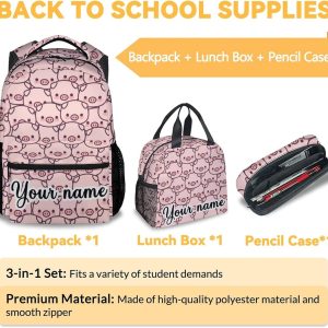 Personalized Pig Backpack with Lunch Box and Pencil Case, 16 Inch Cute Pig Bookbag Durable, Lightweight, Large Capacity, Funny Animal Backpack for School Girls Kids Women - 3
