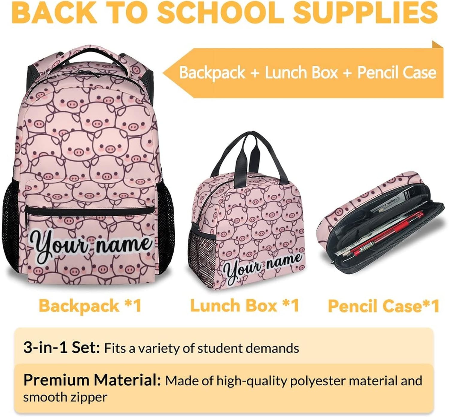 Personalized Pig Backpack with Lunch Box and Pencil Case, 16 Inch Cute Pig Bookbag Durable, Lightweight, Large Capacity, Funny Animal Backpack for School Girls Kids Women - 3