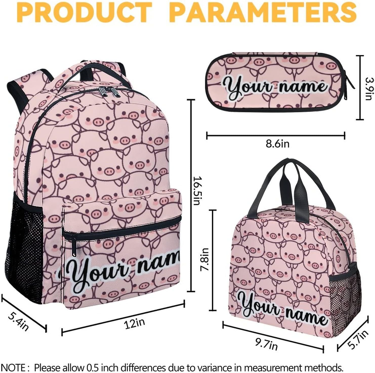 Personalized Pig Backpack with Lunch Box and Pencil Case, 16 Inch Cute Pig Bookbag Durable, Lightweight, Large Capacity, Funny Animal Backpack for School Girls Kids Women - 4