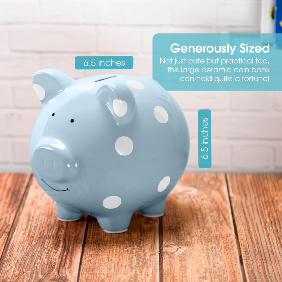 Pearhead Large Ceramic Piggy Bank, Blue Polka Dot Coin Bank for Kids, Gender-Neutral Nursery Decor, Toddler Savings Keepsake - 2