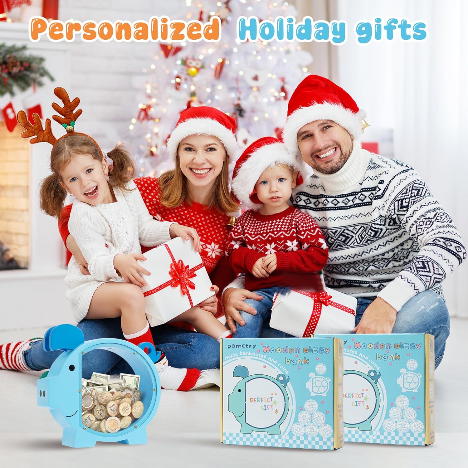 Piggy Bank for Kids, Blue Piggy Bank for Boys, Christmas for Boys and Girls,DIY Custom Name Coin Bank with Letter Stickers for Birthdays, Christmas - 6