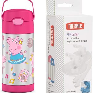 THERMOS FUNTAINER 12 Ounce Stainless Steel Vacuum Insulated Kids Straw Bottle, Peppa Pig - Thermos Replacement Straws - 1