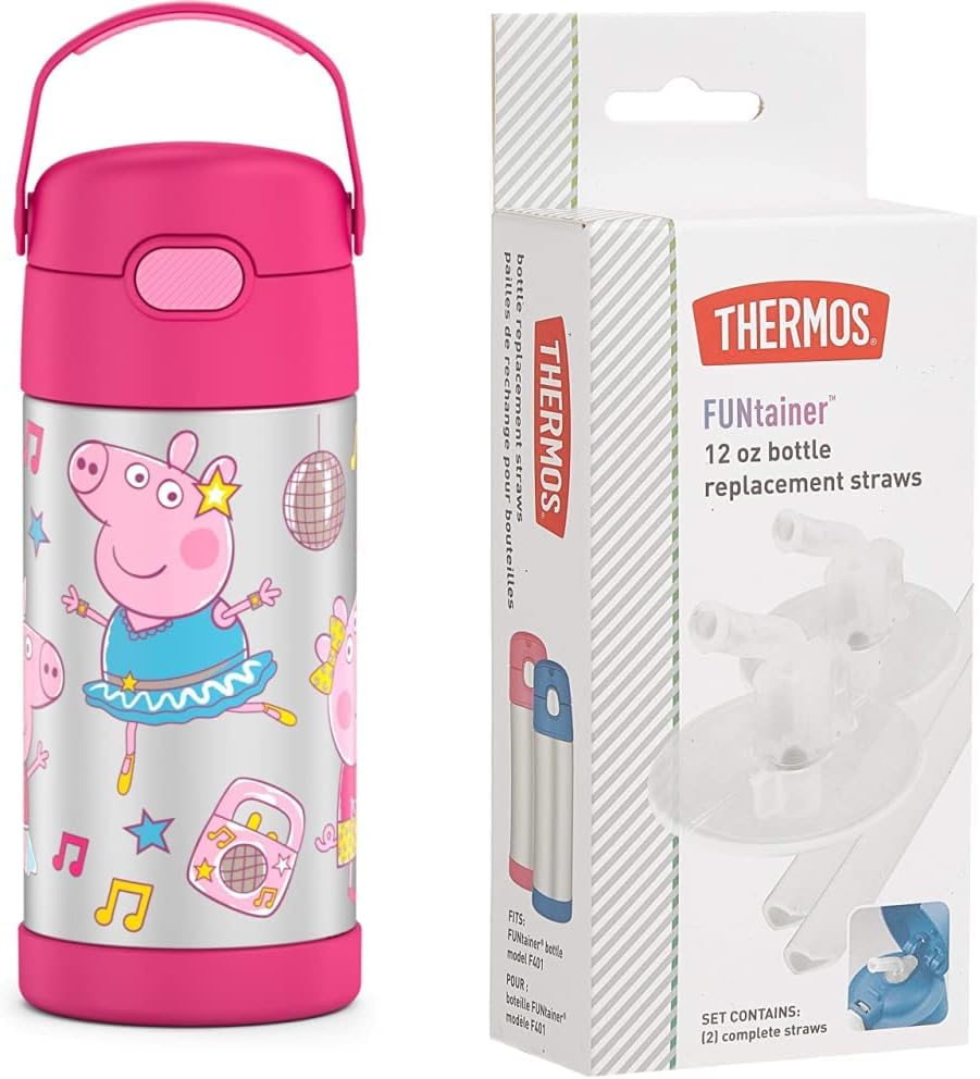 THERMOS FUNTAINER 12 Ounce Stainless Steel Vacuum Insulated Kids Straw Bottle, Peppa Pig - Thermos Replacement Straws - 1